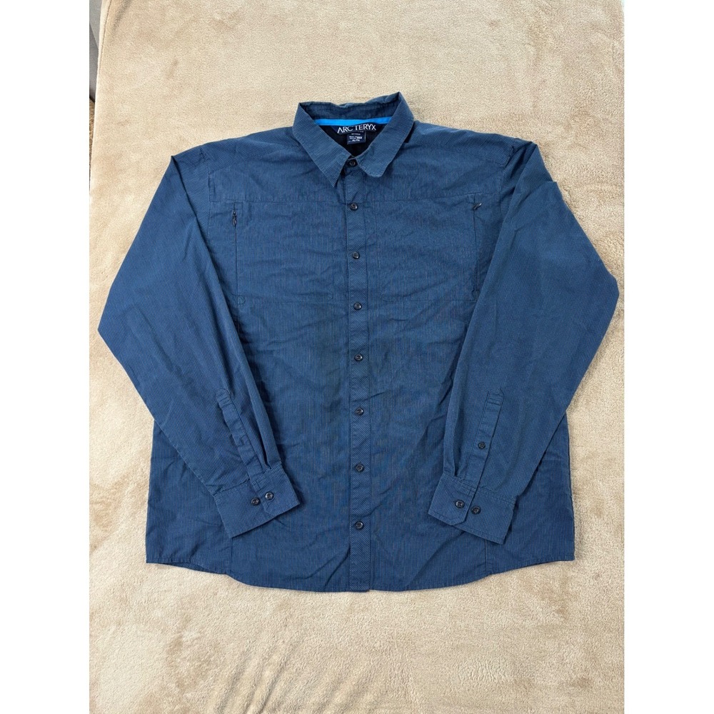 Vintage Arcteryx Button Up Shirt Men XL Navy Blue Vertical Stripe Long Sleeve
